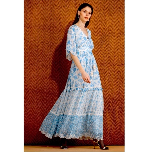 Hemant & Nandita Caleb Maxi Dress Blue White Dolman Sleeves Tiered Small S - Picture 3 of 16